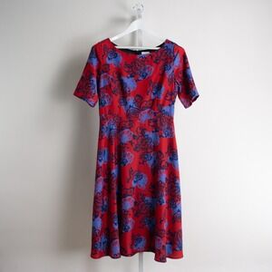 HD in Paris Floral Dress‎ Size 8 Red Blue Short Sleeve Fit Flare Anthropologie